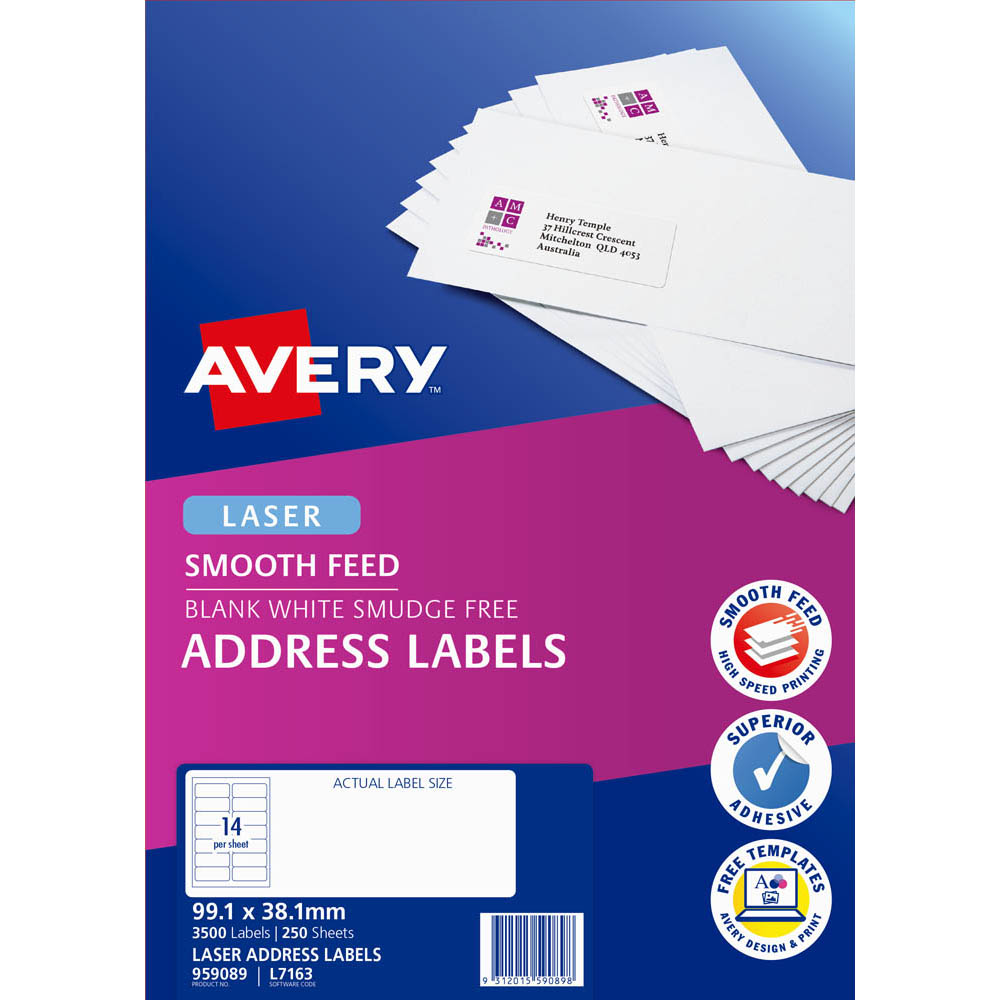 avery 959089 l7163 address label smooth feed laser 14up white pack 250
