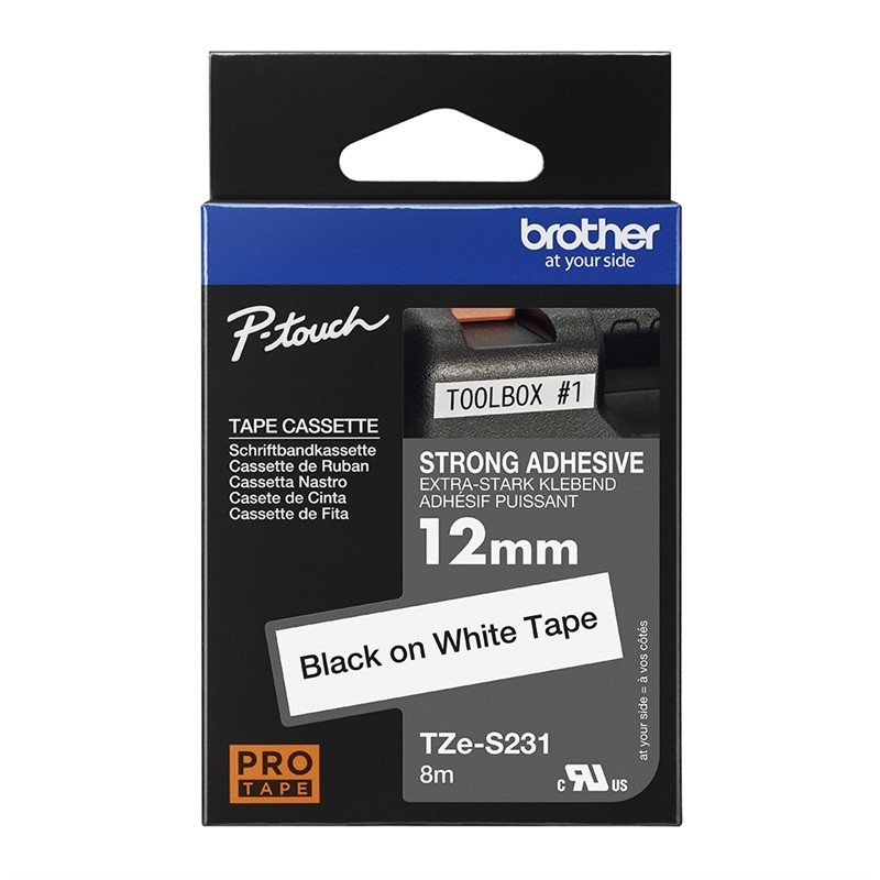 BROTHER TZES231 STRONG ADHESIVE LABELLING TAPE 12MM BLACK ON WHITE