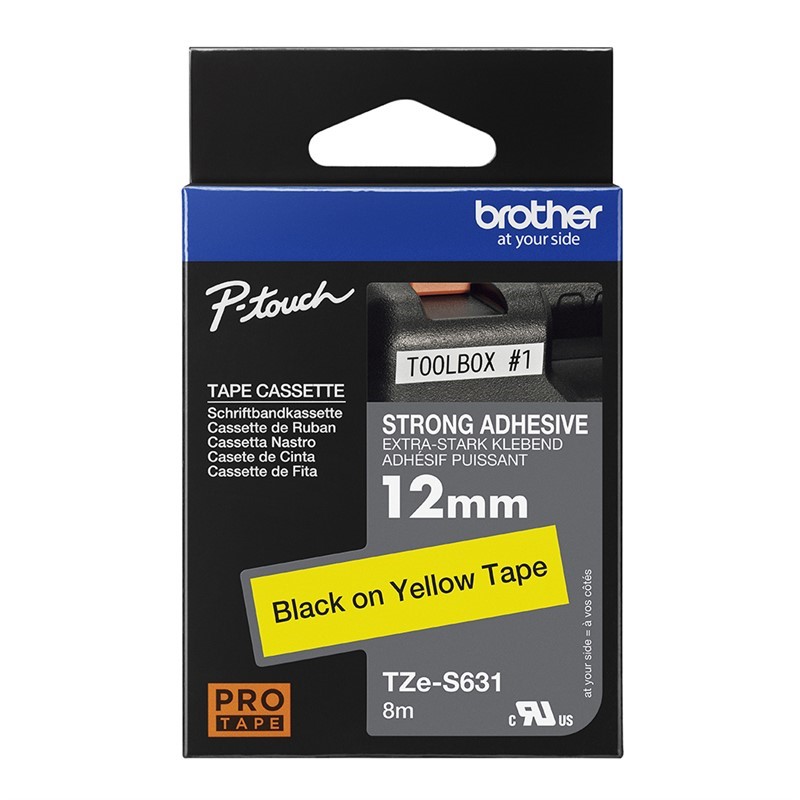 BROTHER TZES631 STRONG ADHESIVE LABELLING TAPE 12MM BLACK ON YELLOW