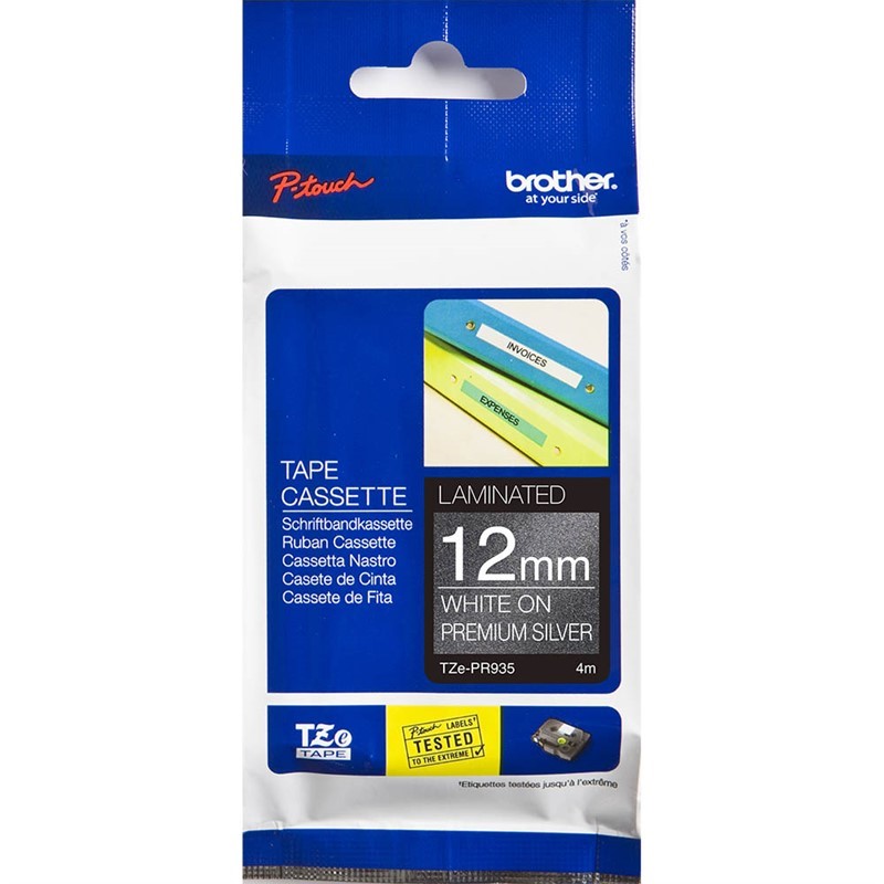 BROTHER TZEPR935 LAMINATED LABELLING TAPE 12MM X 4M WHITE ON PREMIUM SILVER