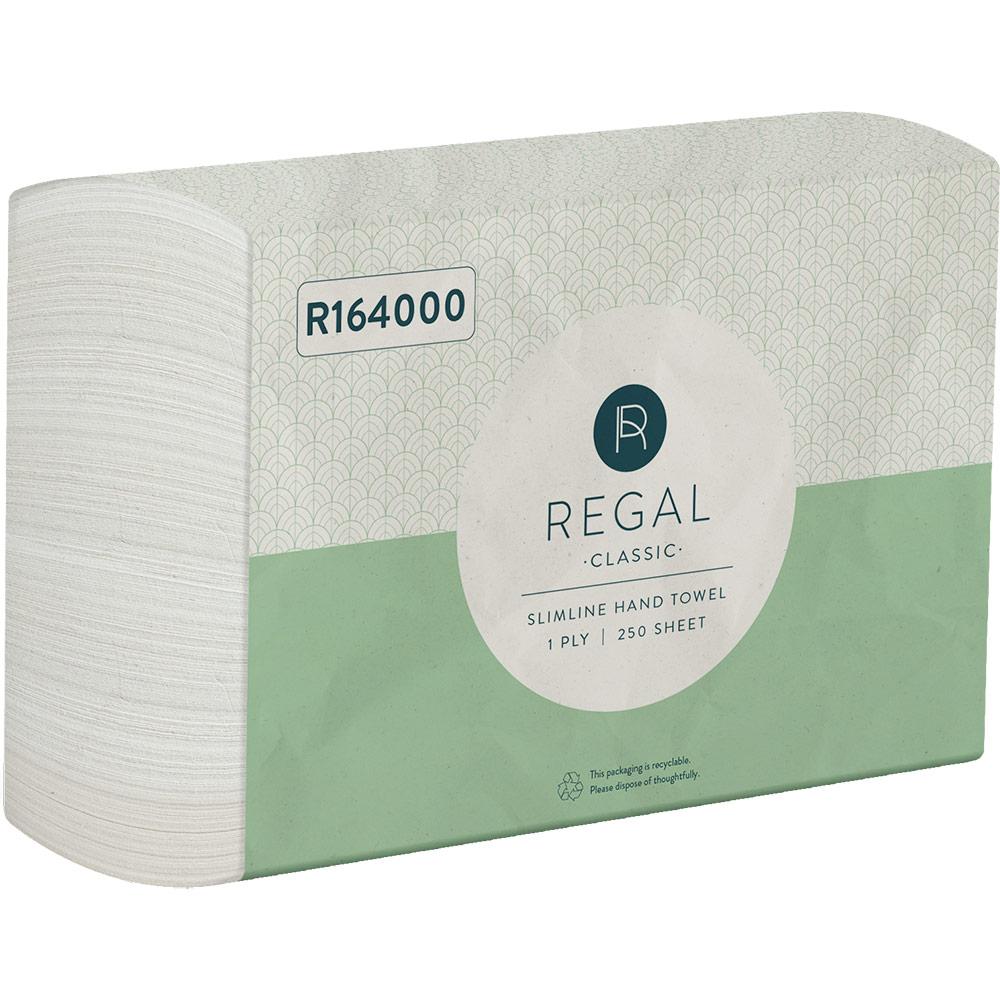 REGAL CLASSIC SLIMLINE INTERLEAVED HAND TOWEL 1PLY 220 X 225MM 250 SHEET