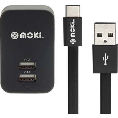 MOKI WALL CHARGER AND SYNCHARGE CABLE USBA TO USBC 900MM BLACK