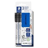 STAEDTLER LUMOCOLOR WHITEBOARD COMPACT BULLET POINT MARKER PLUS ERASER BLACK PACK 2
