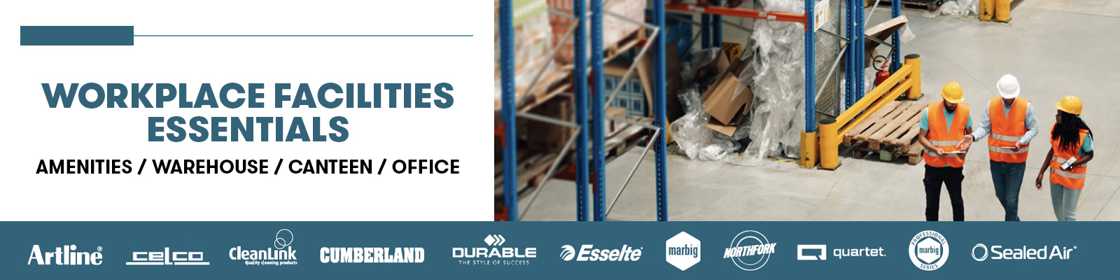 Three people walking in a warehouse